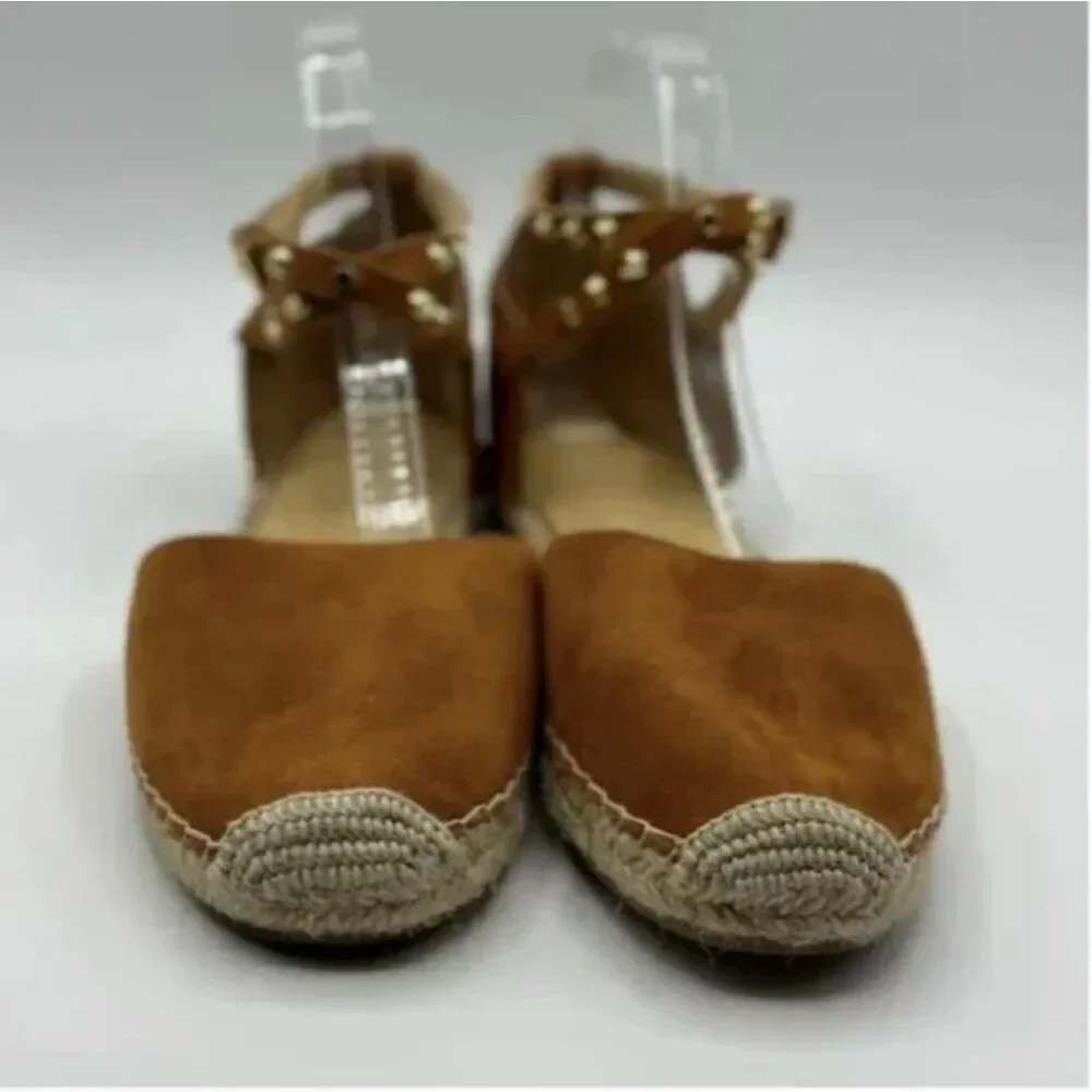 Marc Fisher Maci Stud Ballerina Espadrilles Ankle Strap Flats Brown Suede 9.5